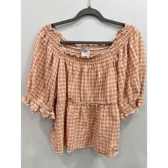 Old Navy Gingham Check Off Shoulder Peasant Top Orange Cottagecore Medium - Picture 2 of 8